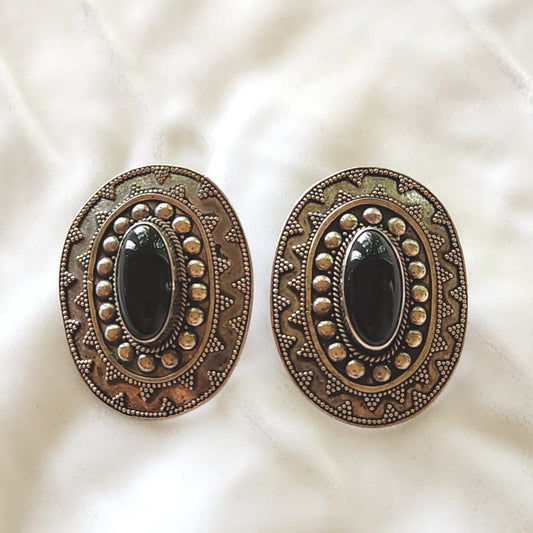 Vintage Onyx & Sterling  Afghan Aqeeq Stone Earrings