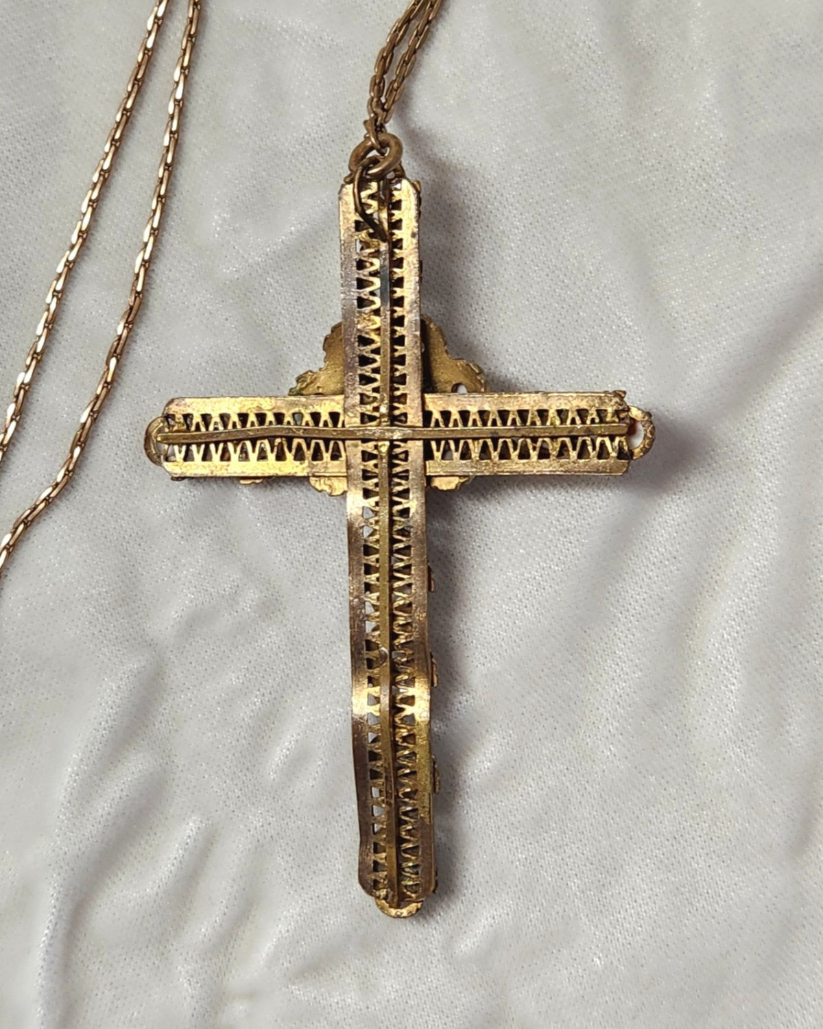 1930s Large Gilt & Art Glass Pendant Cross Necklace