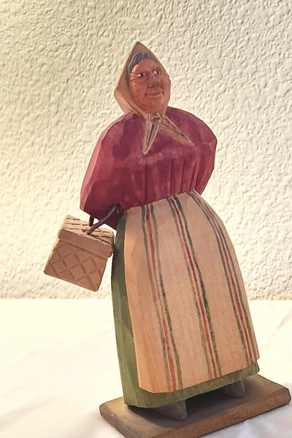 1940s Swedish Folk Art Carving - Old Woman with BasketCollectibles