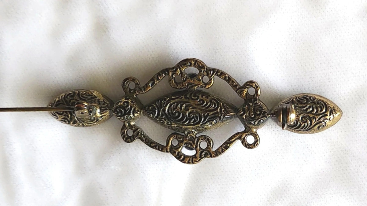 1970s Purple, Green, and Blue Glass Antiqued Victorian Revival Bar Brooch