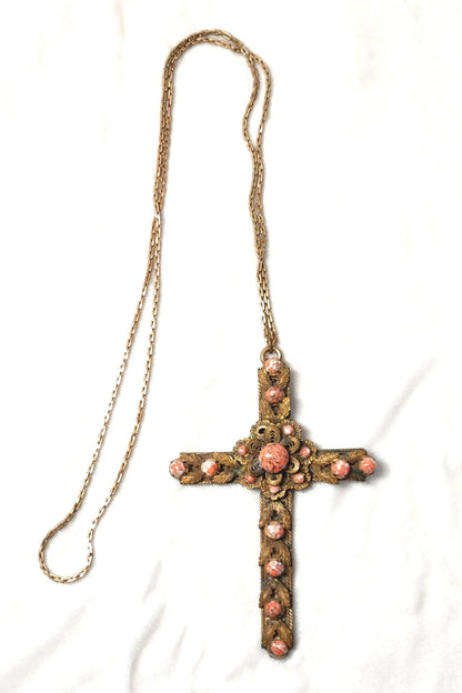 1930s Large Gilt & Art Glass Pendant Cross Necklace