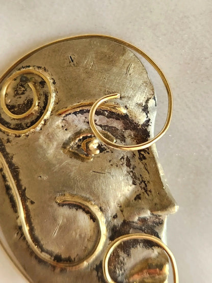 Surrealistic Sterling & 14K Face Brooch