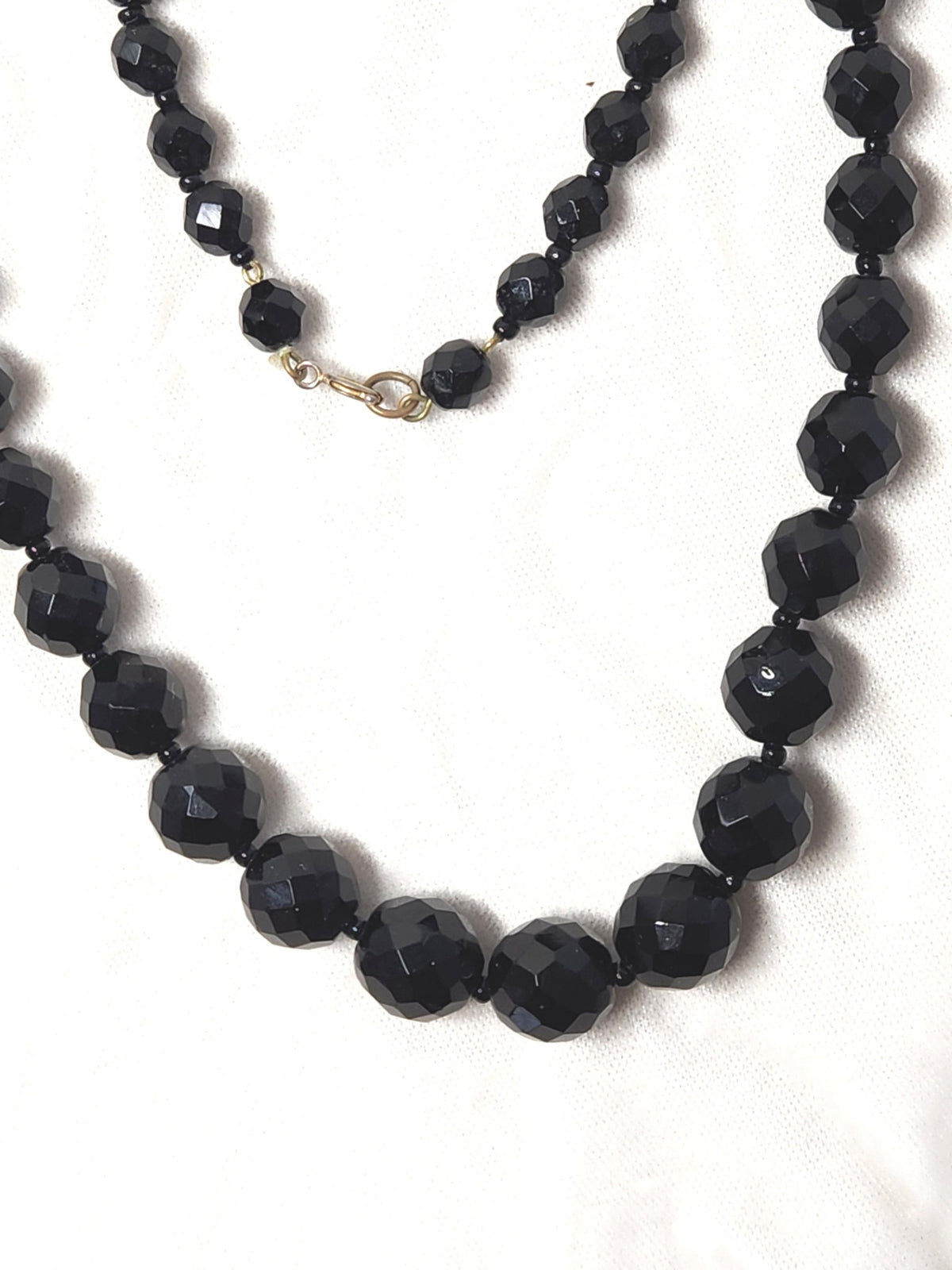 1930s Long Faceted Black Glass Bead Necklace