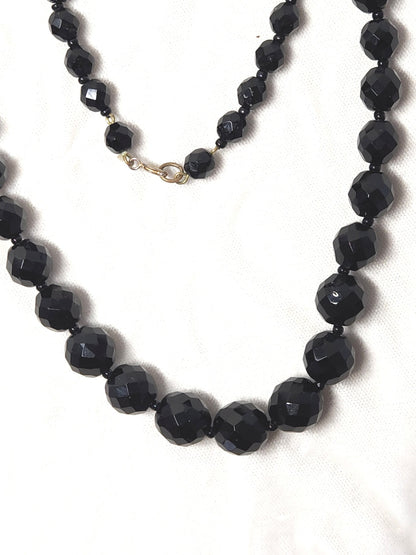 1930s Long Faceted Black Glass Bead Necklace