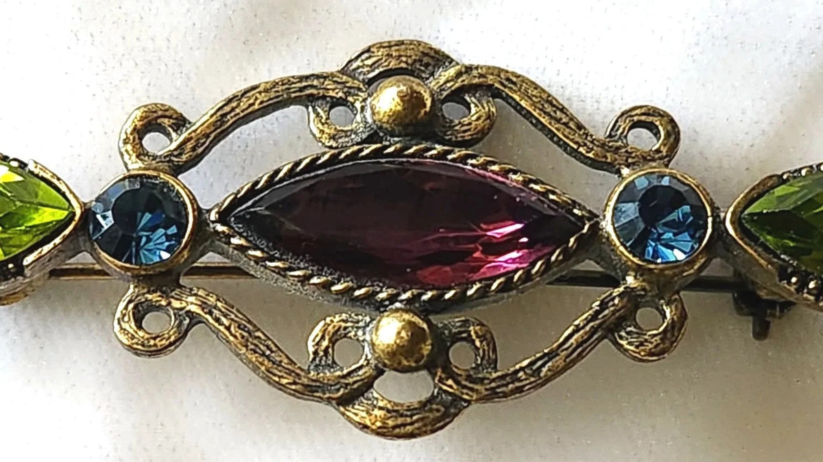 1970s Purple, Green, and Blue Glass Antiqued Victorian Revival Bar Brooch