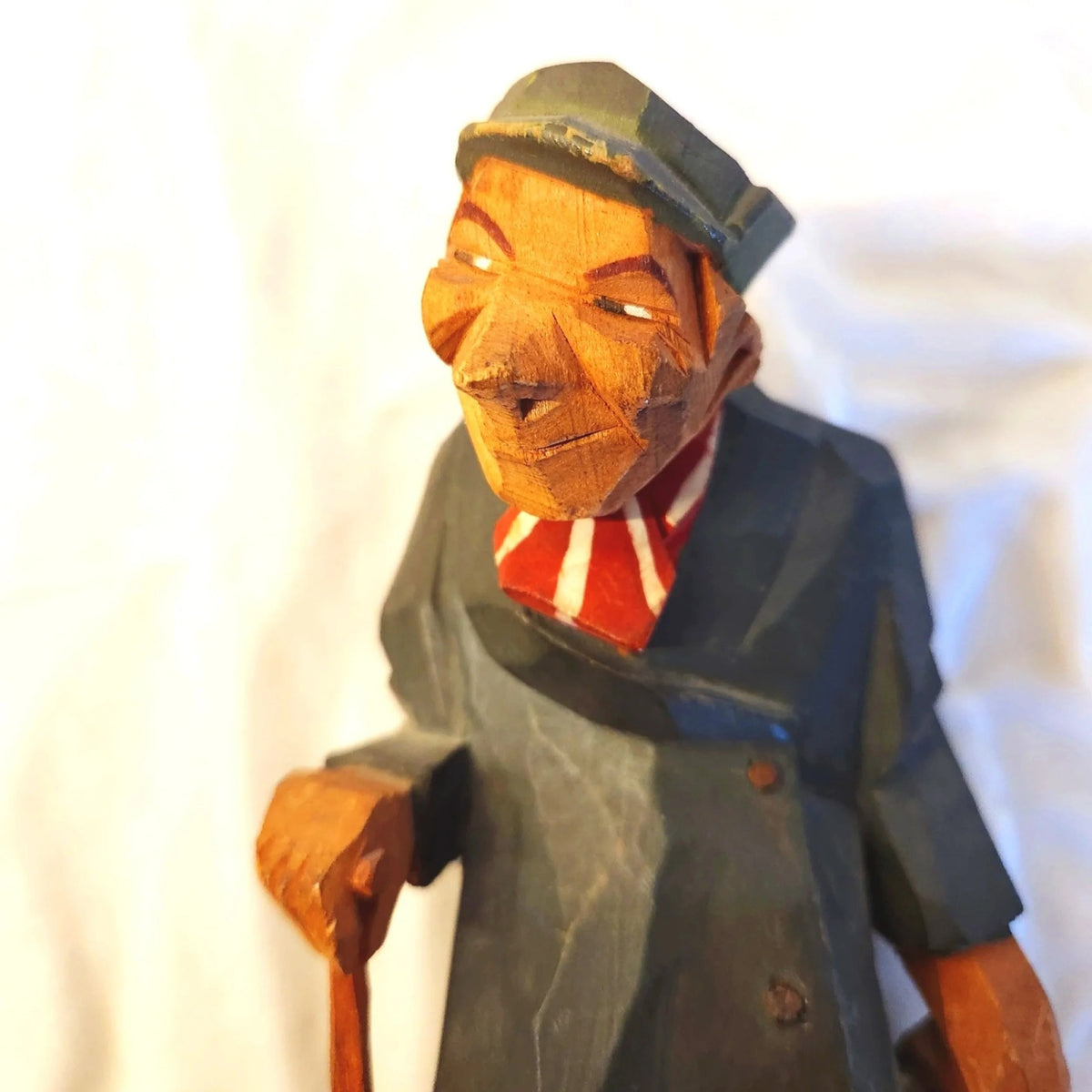1930s-40s Swedish Carved Wooden Man Figure with Cane and Bag - Trygg or Larsson Style