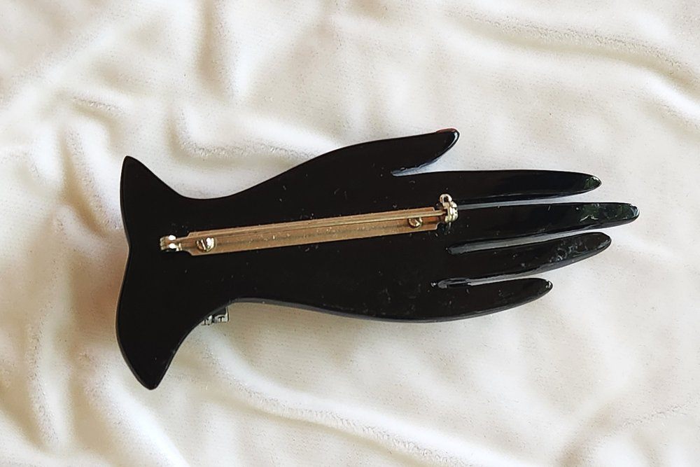 Vintage Marion Godart Paris Black Resin & Rhinestone Hand Brooch