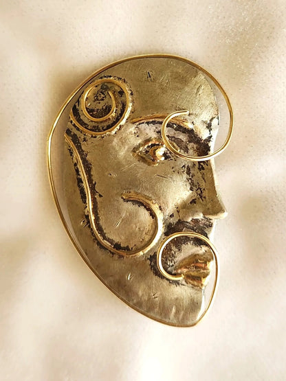 Surrealistic Sterling & 14K Face Brooch