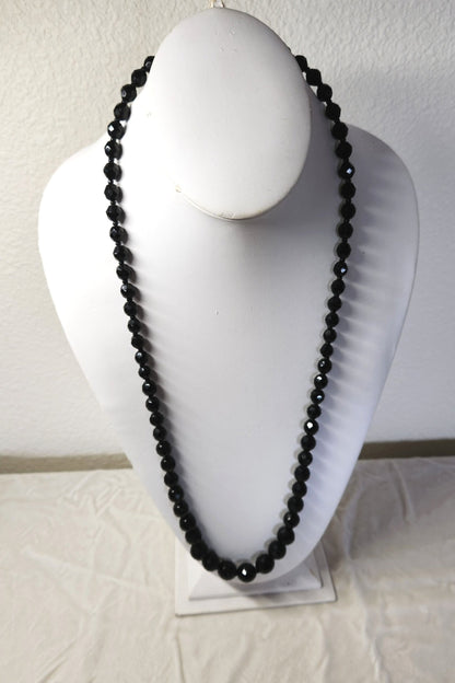 1930s Long Faceted Black Glass Bead Necklace
