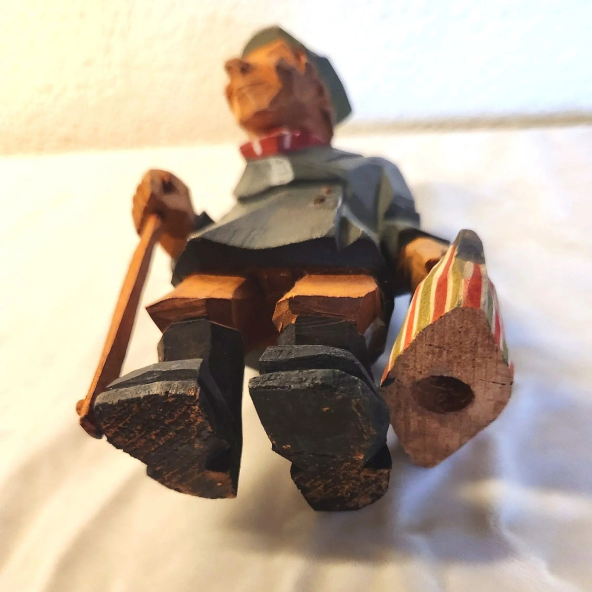 1930s-40s Swedish Carved Wooden Man Figure with Cane and Bag - Trygg or Larsson Style
