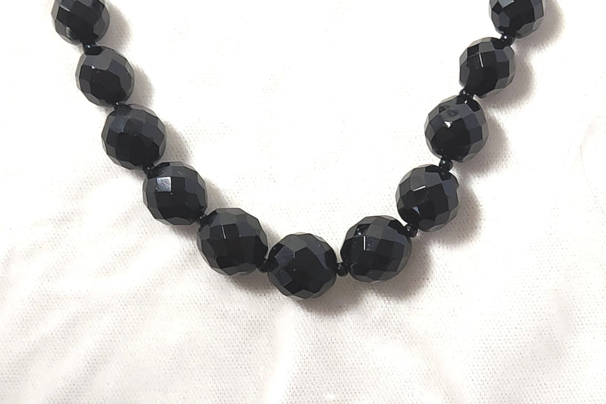 1930s Long Faceted Black Glass Bead Necklace