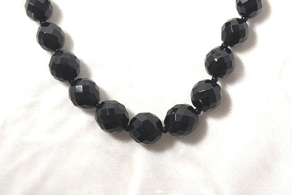 1930s Long Faceted Black Glass Bead Necklace