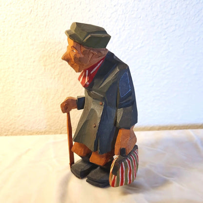 1930s-40s Swedish Carved Wooden Man Figure with Cane and Bag - Trygg or Larsson Style