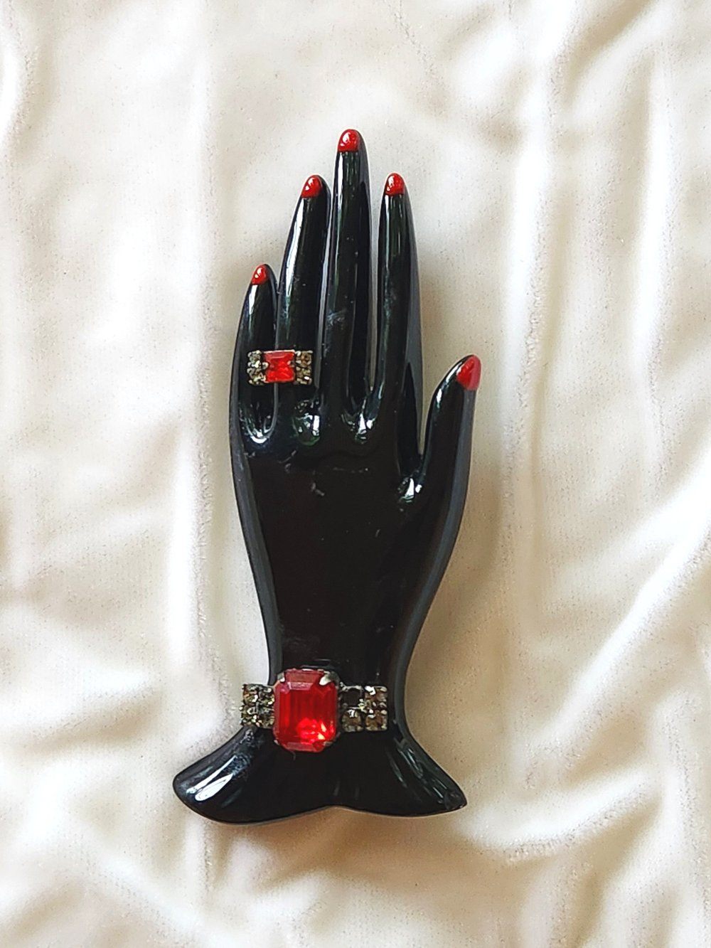 Vintage Marion Godart Paris Black Resin & Rhinestone Hand Brooch