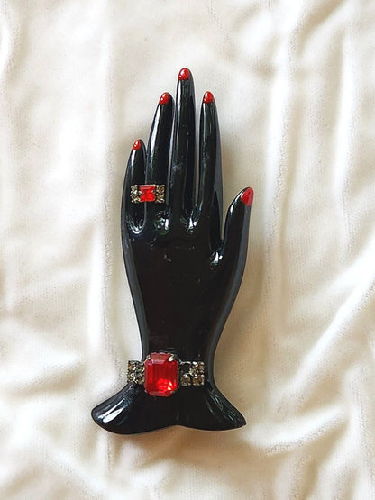 Vintage Marion Godart Paris Black Resin & Rhinestone Hand Brooch