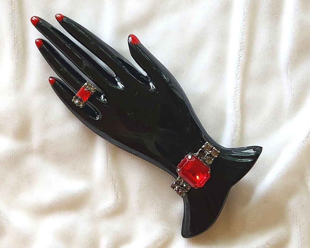 Vintage Marion Godart Paris Black Resin & Rhinestone Hand Brooch