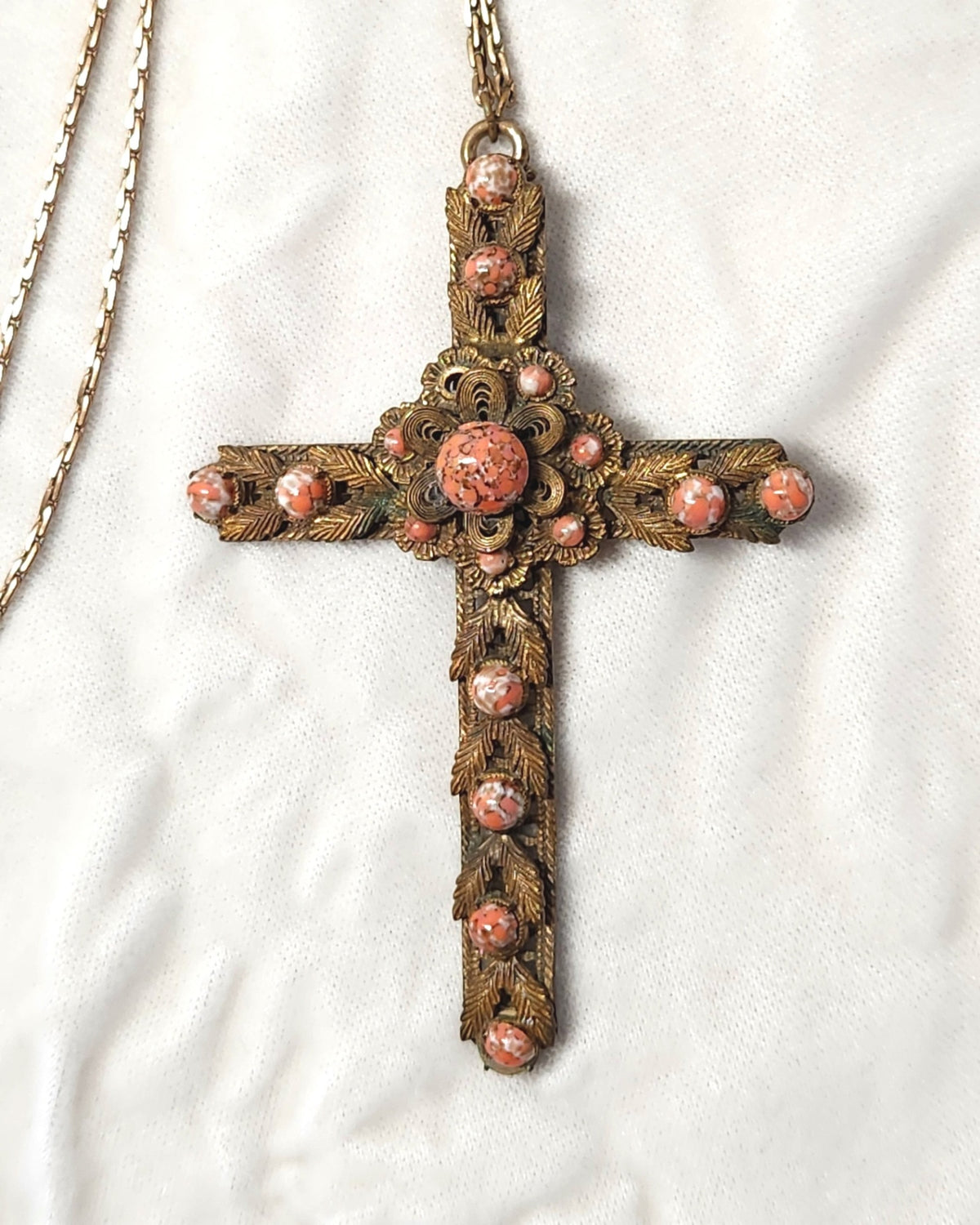 1930s Large Gilt & Art Glass Pendant Cross Necklace