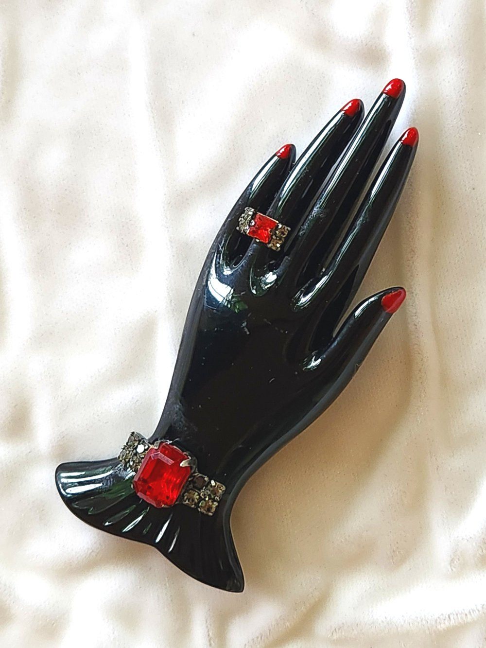 Vintage Marion Godart Paris Black Resin & Rhinestone Hand Brooch