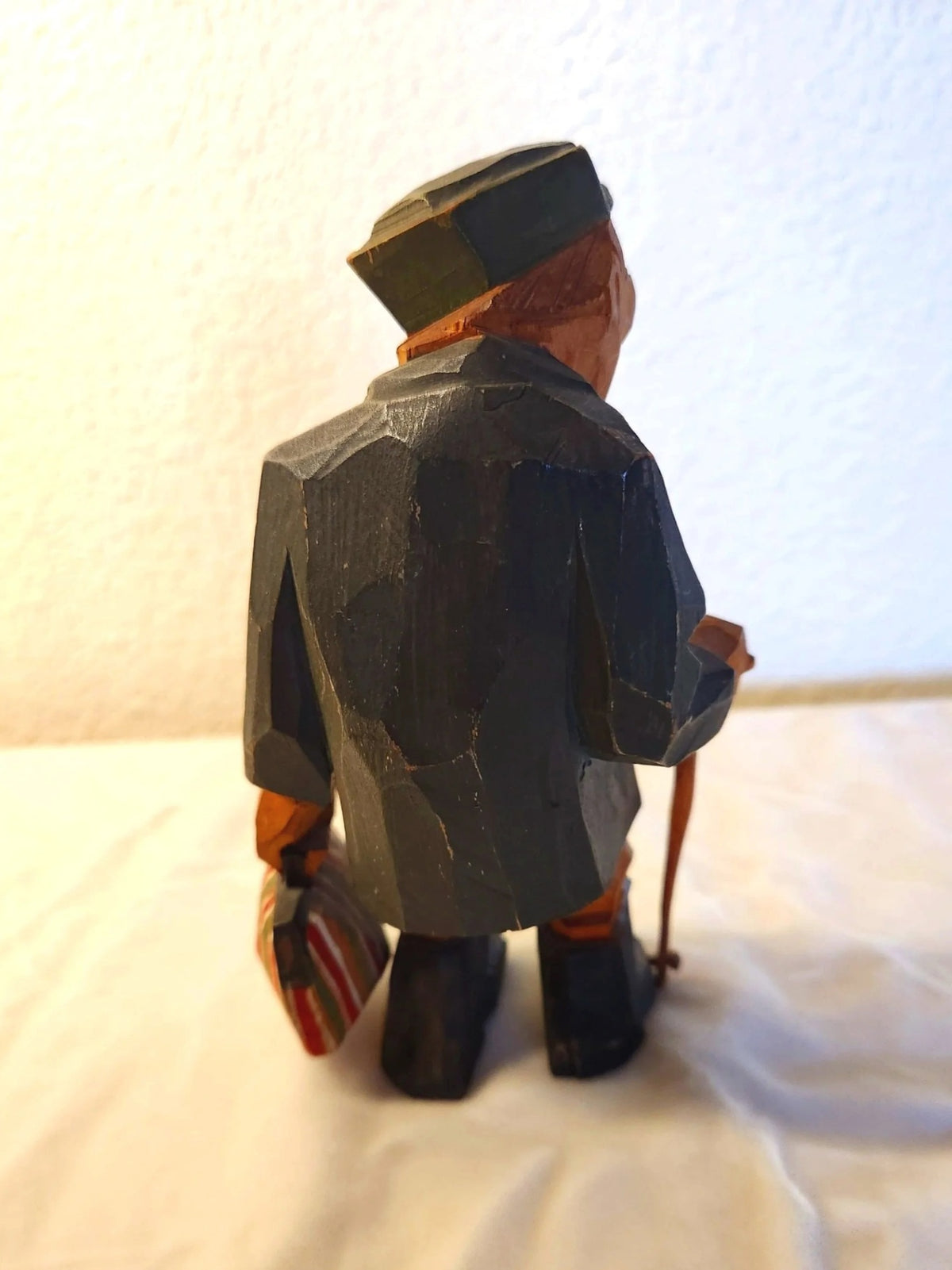 1930s-40s Swedish Carved Wooden Man Figure with Cane and Bag - Trygg or Larsson Style