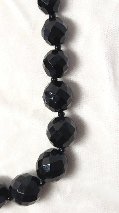 1930s Long Faceted Black Glass Bead Necklace
