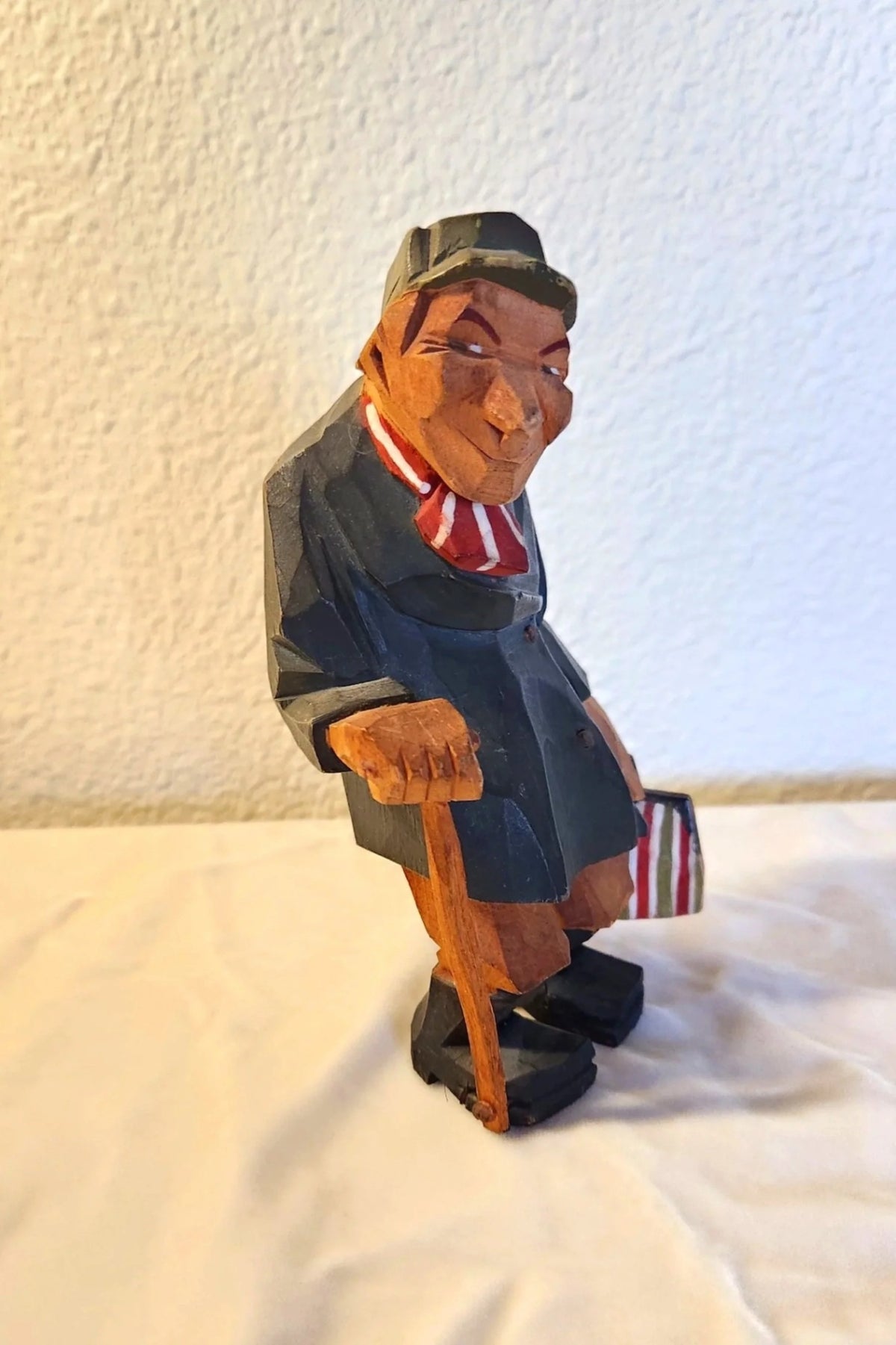 1930s-40s Swedish Carved Wooden Man Figure with Cane and Bag - Trygg or Larsson Style