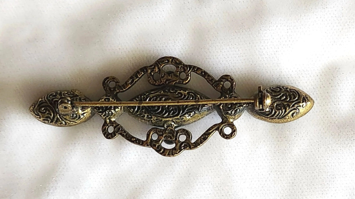 1970s Purple, Green, and Blue Glass Antiqued Victorian Revival Bar Brooch