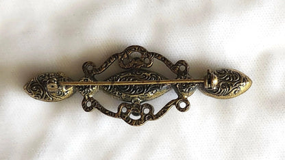 1970s Purple, Green, and Blue Glass Antiqued Victorian Revival Bar Brooch