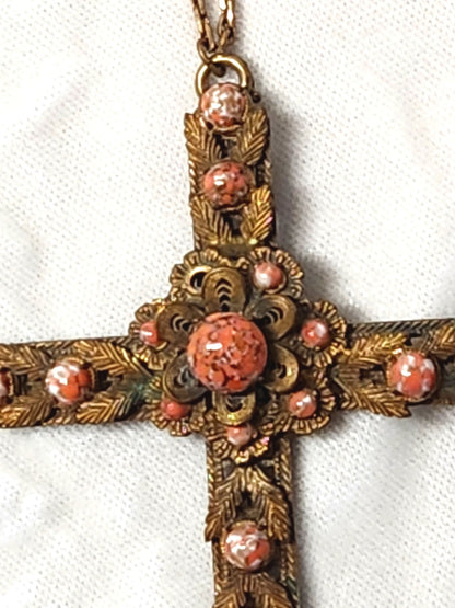 1930s Large Gilt & Art Glass Pendant Cross Necklace