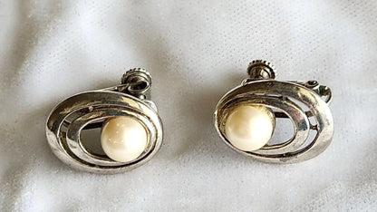 1965 Faux Pearl Silver Orbits Earrings
