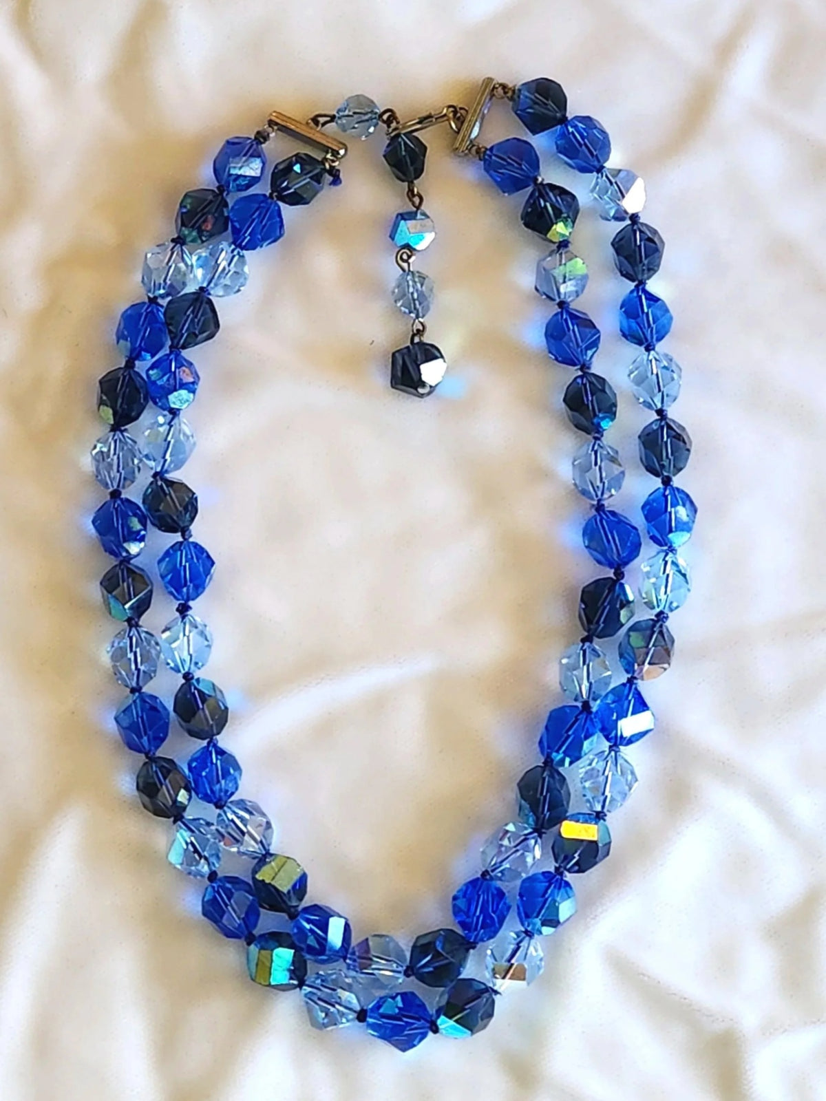 1960s Faceted Aurora Borealis Blue Glass Bead Double Strand Necklace