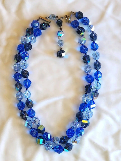 1960s Faceted Aurora Borealis Blue Glass Bead Double Strand Necklace