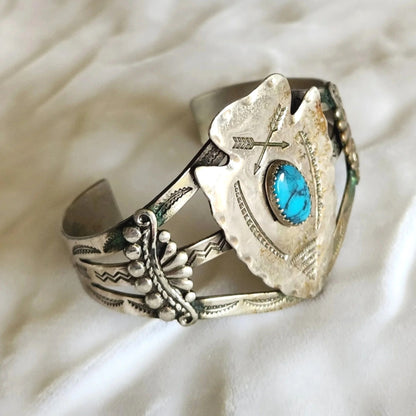 1960s Bell Trading Post Nickel Silver & Faux Turquoise Arrowhead Bracelet
