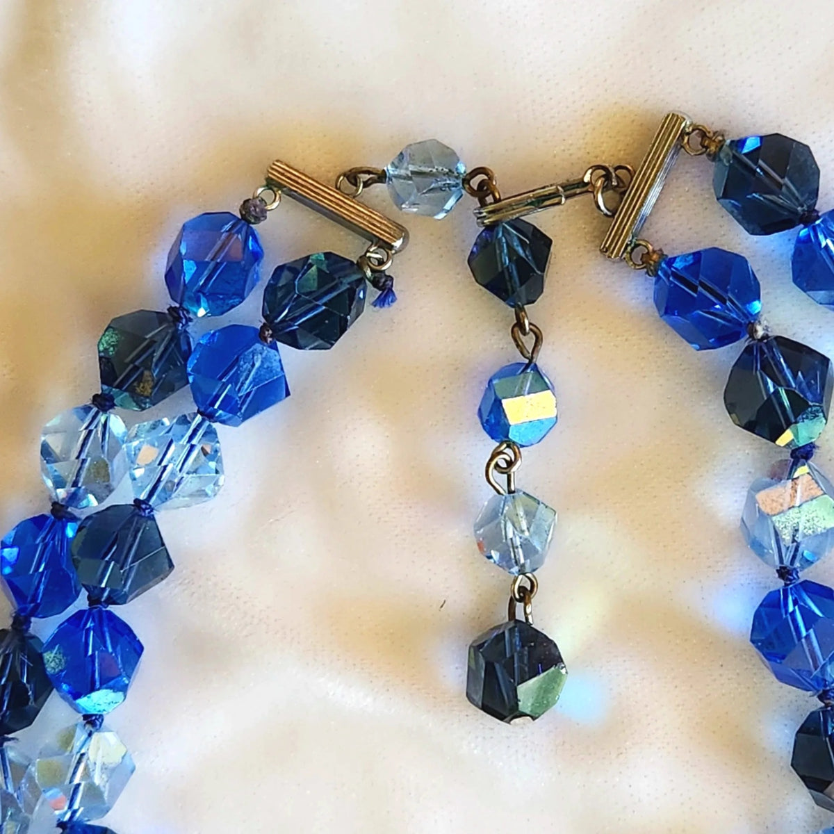 1960s Faceted Aurora Borealis Blue Glass Bead Double Strand Necklace