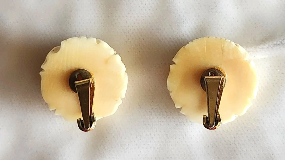 1960s Carved Plastic Faux Ivory Rose Motif Earrings