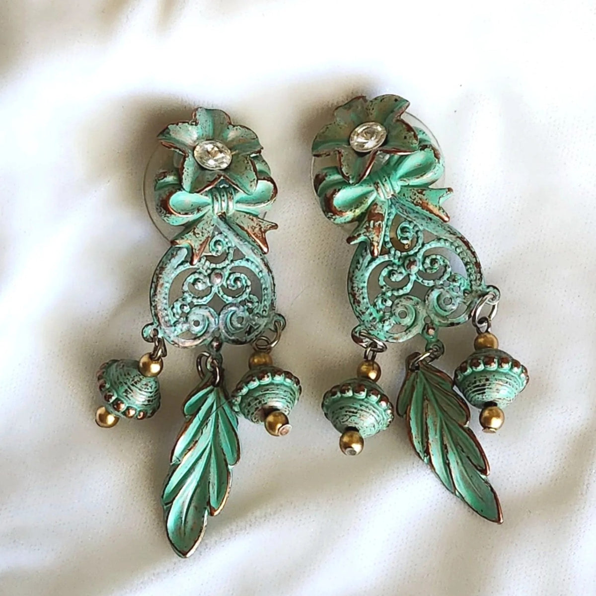 Rococo Green Verdigris Patina Chandelier Earrings