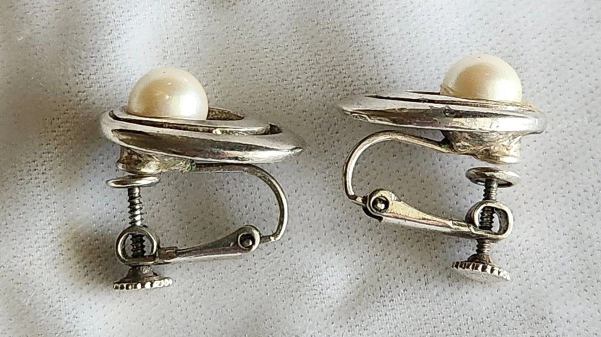 1965 Faux Pearl Silver Orbits Earrings