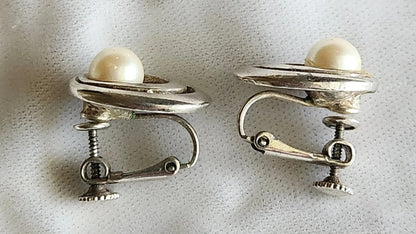 1965 Faux Pearl Silver Orbits Earrings