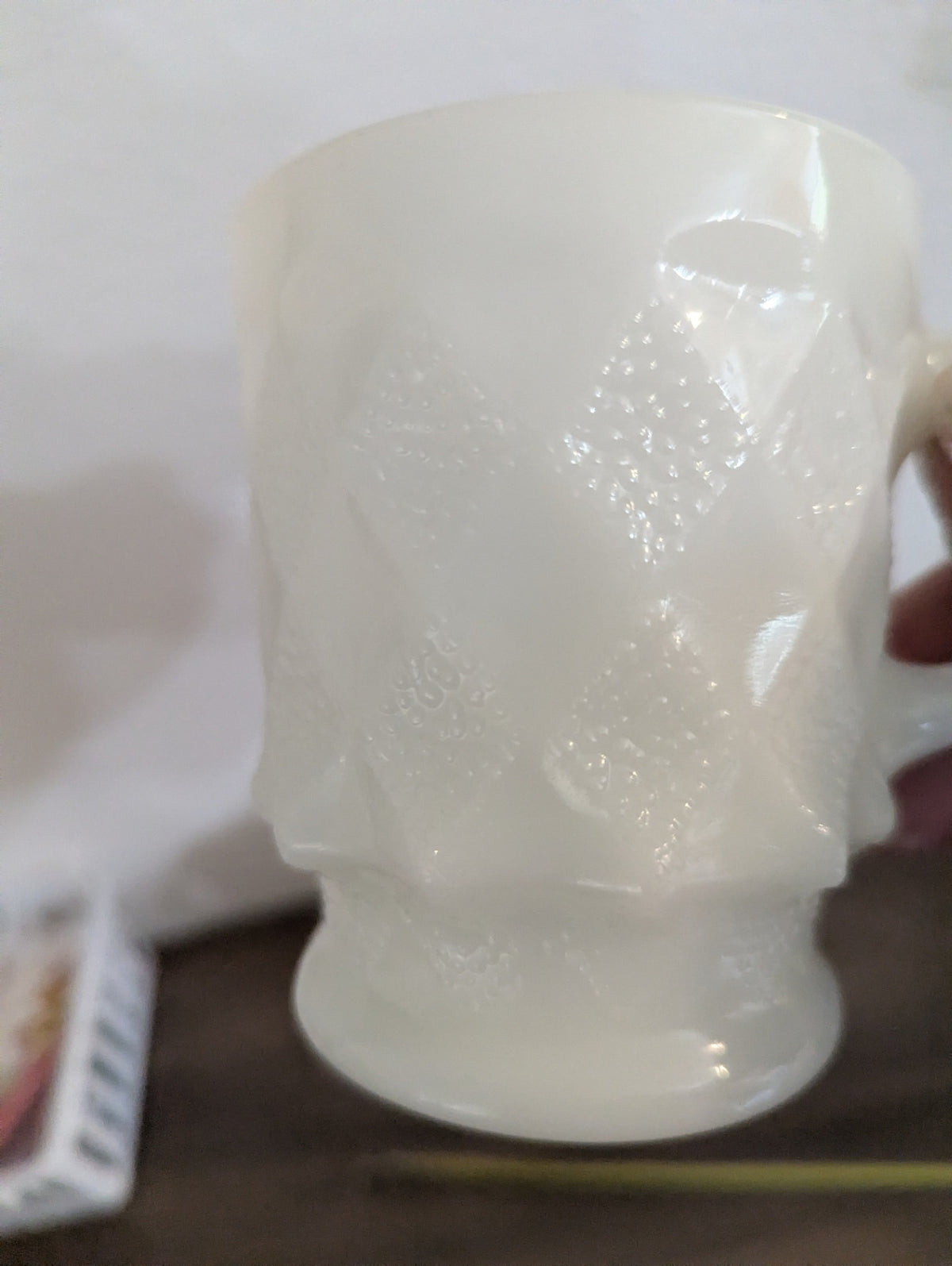 Pair Fire King Diamond Pt. Milk Glass Migs