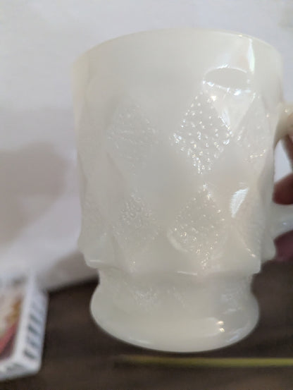Pair Fire King Diamond Pt. Milk Glass Migs
