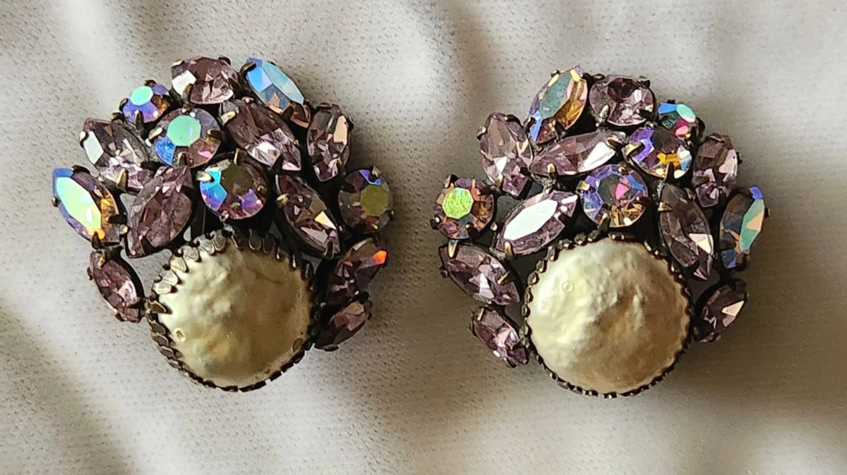 Huge Regency Mabe Faux Pearl & Lavender AB Rhinestone Earrings