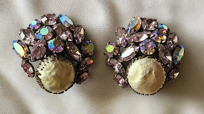 Huge Regency Mabe Faux Pearl & Lavender AB Rhinestone Earrings