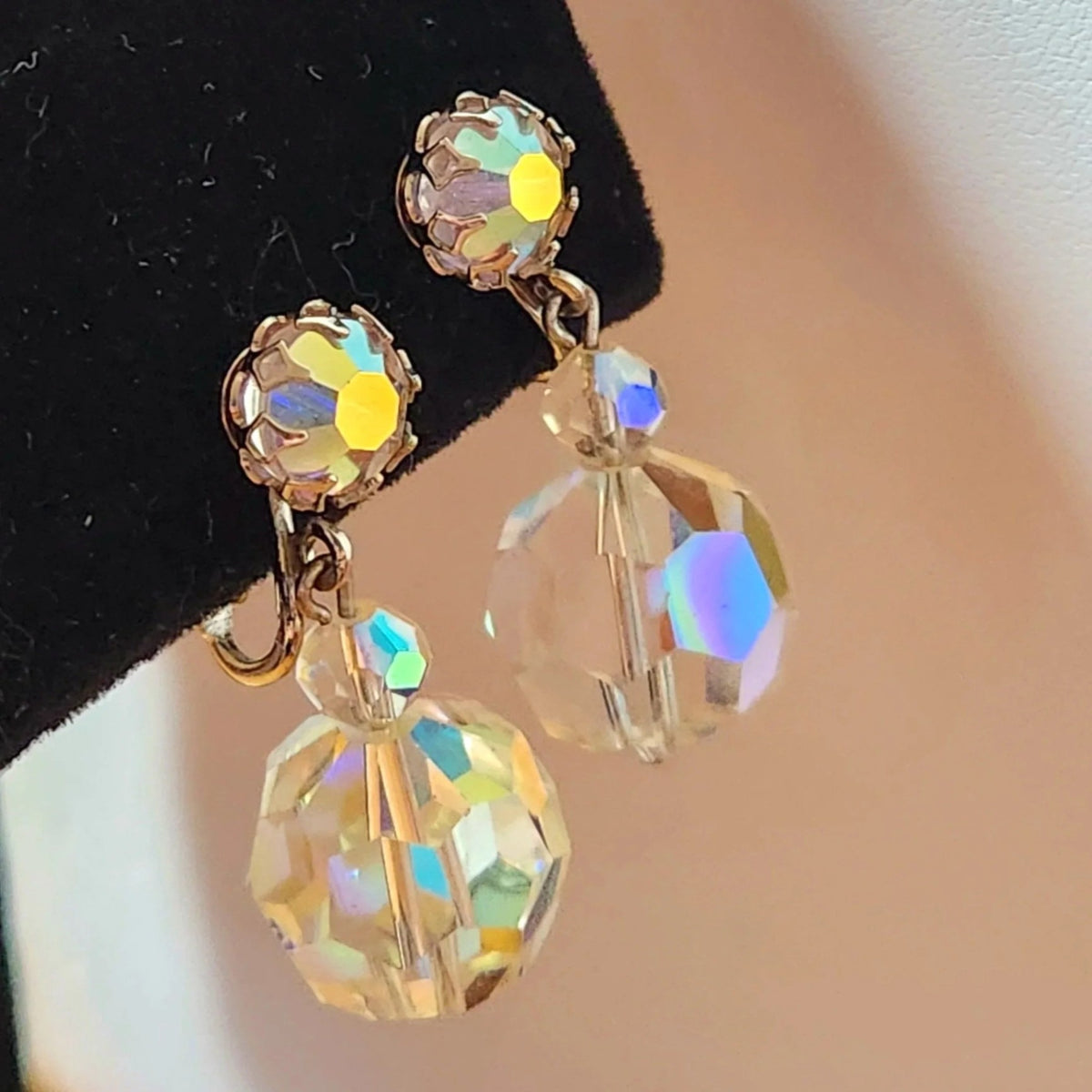 1960s Aurora Borealis Crystal Bead Drop Earrings