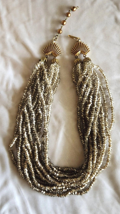1950s Silver Foiled Glass Angle Cut Tube Bead Bib Necklace - 12 Strands