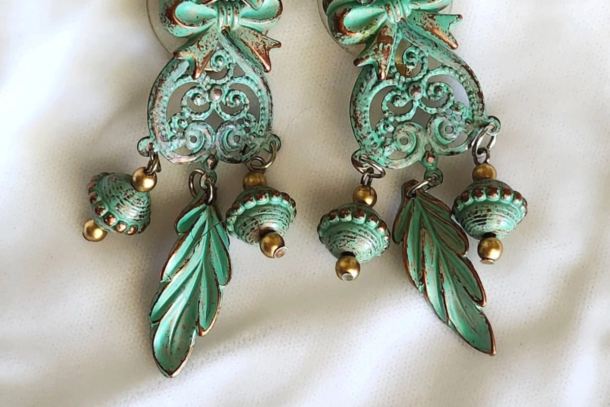 Rococo Green Verdigris Patina Chandelier Earrings