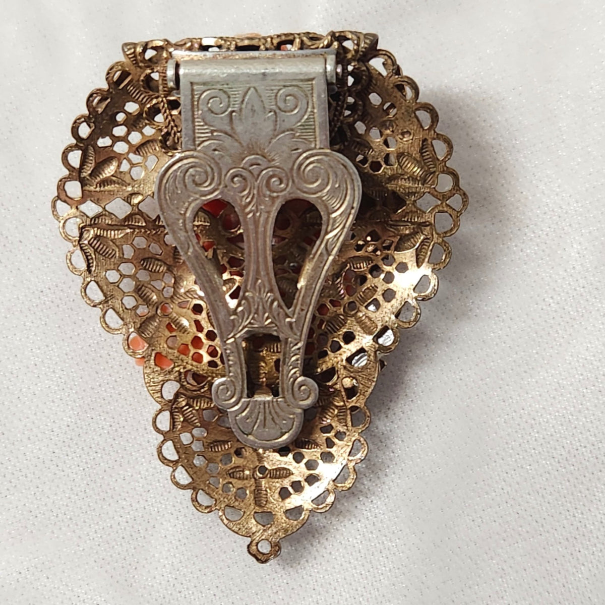 1930s Large Faux Coral Filigree Dress Clip