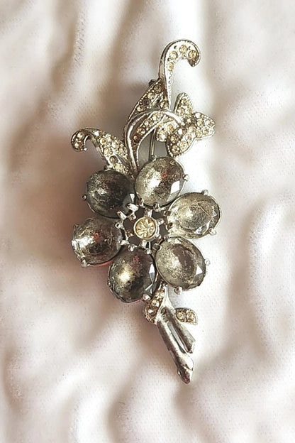 1930s Pot Metal Rhinestone Flower Brooch