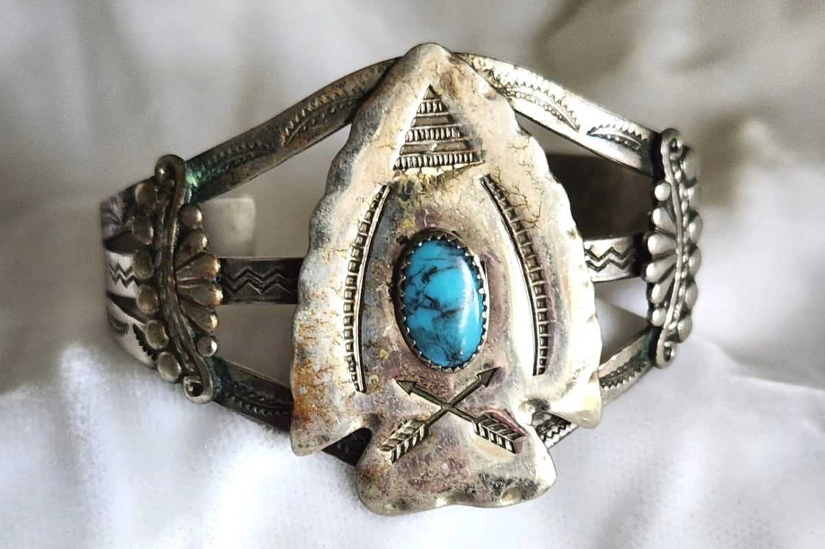 1960s Bell Trading Post Nickel Silver & Faux Turquoise Arrowhead Bracelet