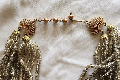 1950s Silver Foiled Glass Angle Cut Tube Bead Bib Necklace - 12 Strands