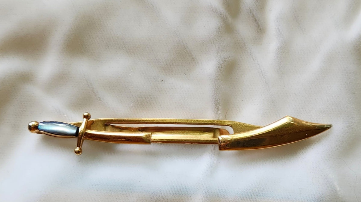Midcentury Swank Scimitar Sword Blue Moonglow Lucite Tie Bar