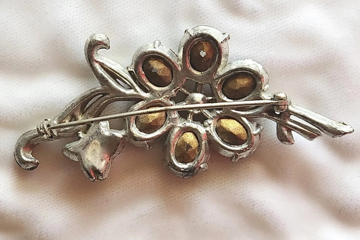 1930s Pot Metal Rhinestone Flower Brooch